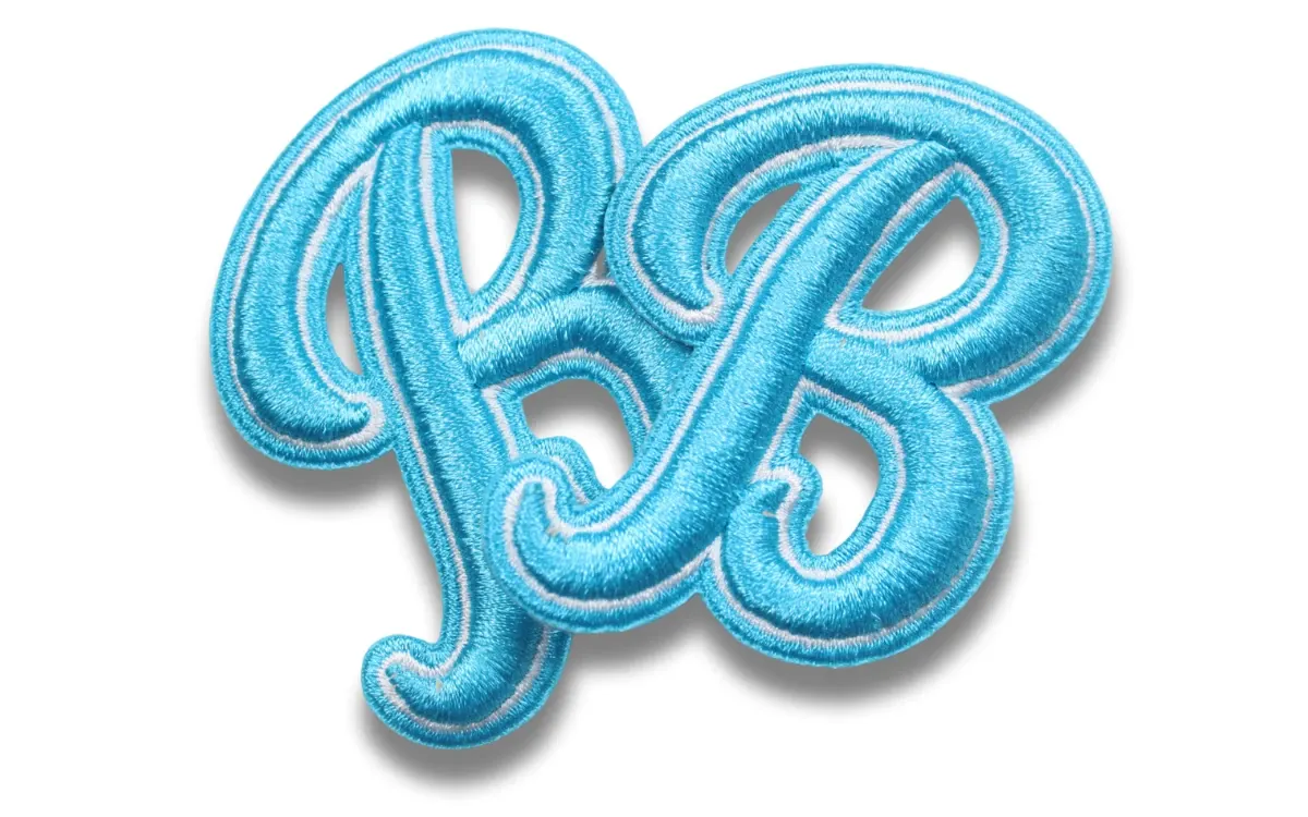 custom B 3D embroidered patch with light blue thread