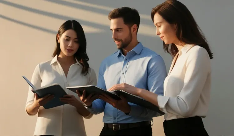 three people looking over a reviewing a proof