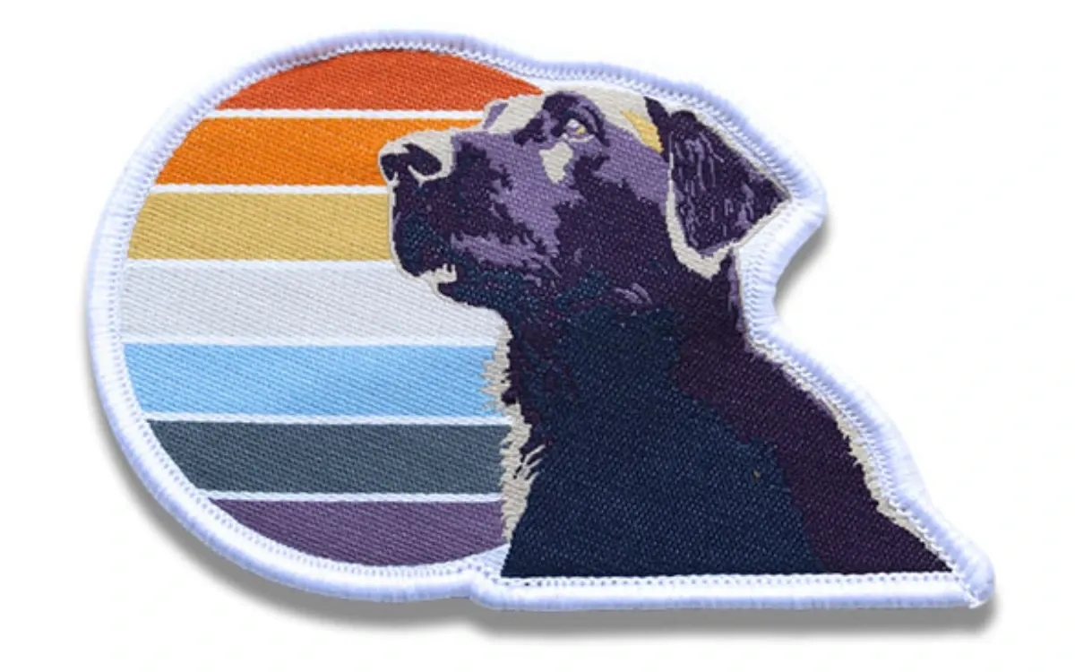 custom woven dog patch with colorful background