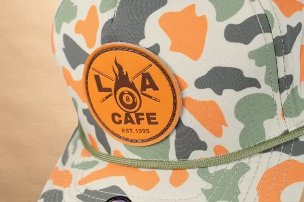 custom camo hat with LA Cafe leather patch