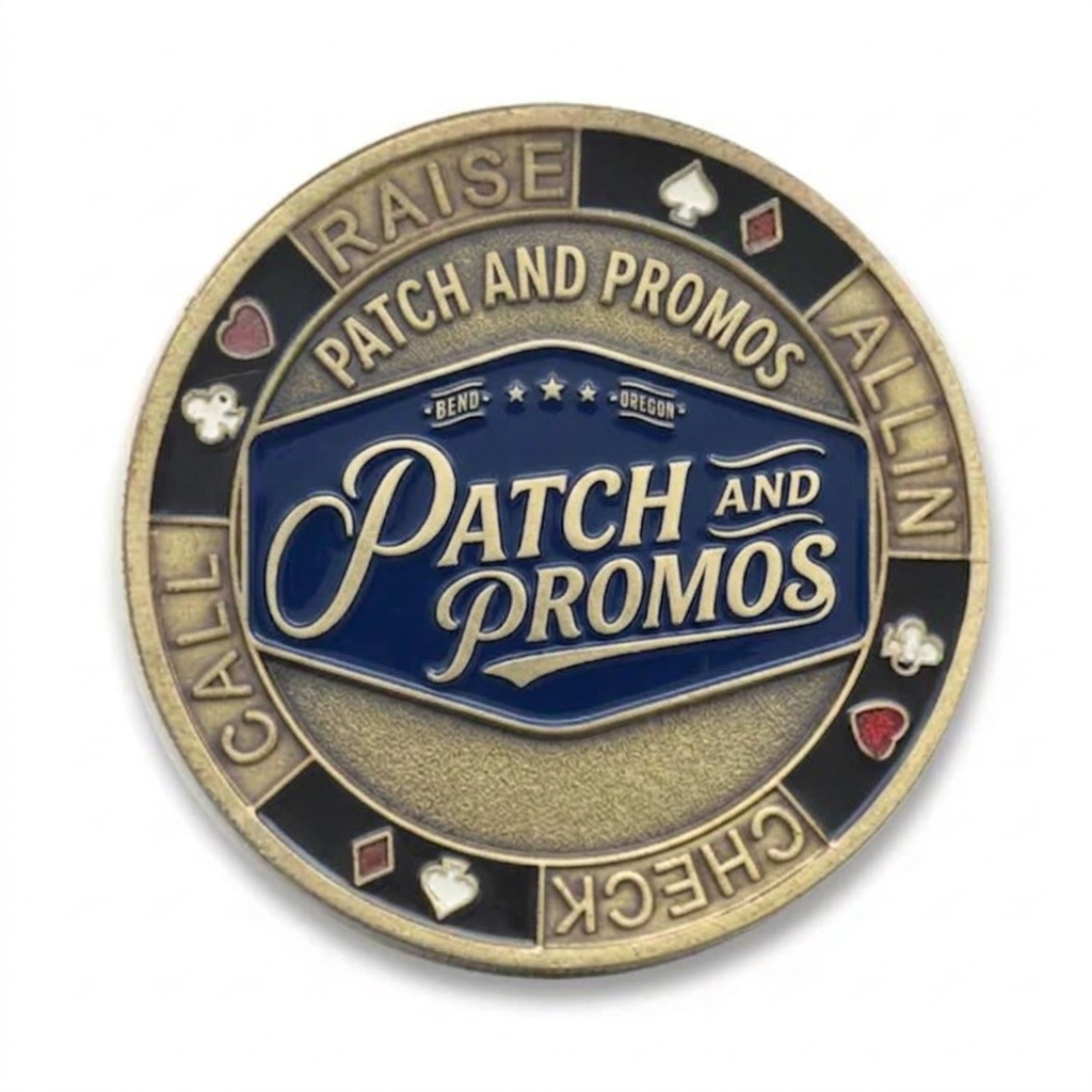 Custom poker card protector with Patch & Promos logo in antique bronze finish