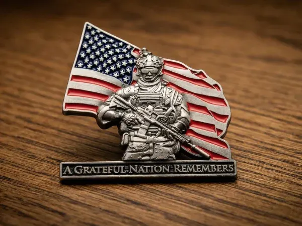 Custom 3D enamel military lapel pin with American flag and soldier silhouette in A Grateful Nation Remembers design